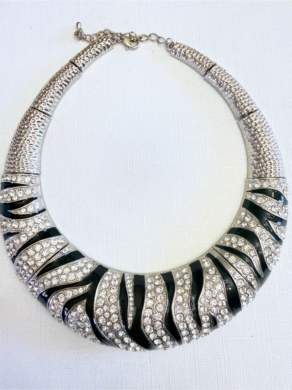 Statement Necklace - Silver Tone with Black Enamel and Pave Rhinestones